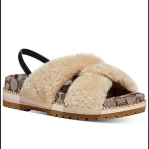Coach Beige Shearling Crossover Slingback Sandal with Signature Jacquard